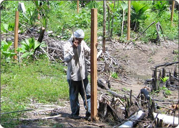 Worker using post hole digger